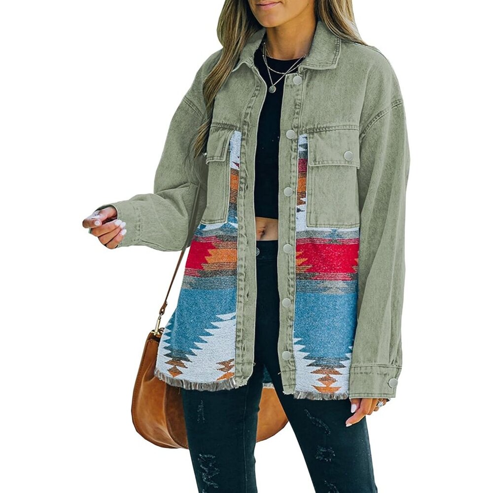 Women's Vintage Green Denim Jacket Distressed Lapel Long Sleeve Vintage Button